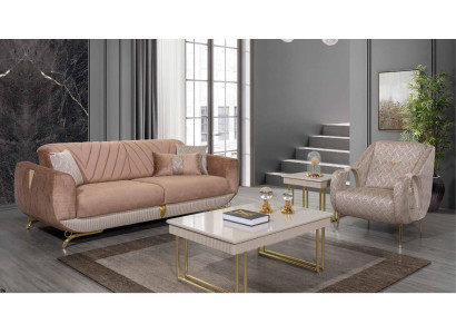 Beige Living room Suite Luxury 3-Seater Upholstered Armchair Side table