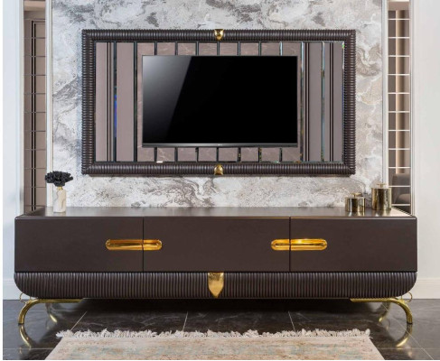 Brown Living room TV Wardrobe Designer TV Frame Luxurious Wood Set