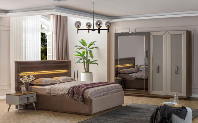 Beige Bedroom Suite Modern Double bed Glass Wardrobe 4pcs