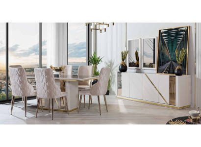 Beige stainless steel Dining room Suite Designer Dining table x6 Chairs Chest of drawers