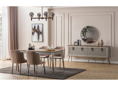 Beige Dining room Suite Rectangular Wood Table 6x Upholstered Chairs 7pcs