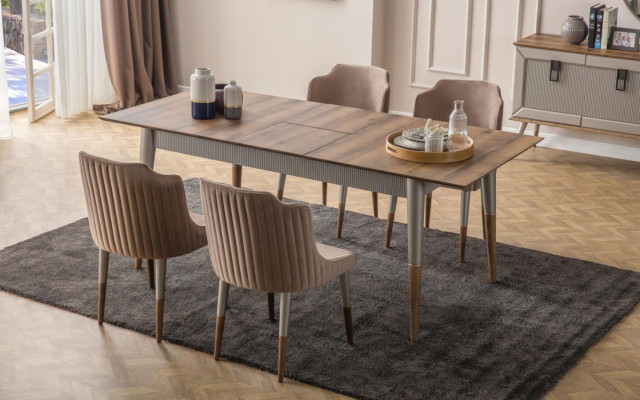 Beige Dining room Suite Rectangular Wood Table 6x Upholstered Chairs 7pcs