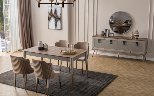 Beige Dining room Suite Rectangular Wood Table 6x Upholstered Chairs 7pcs