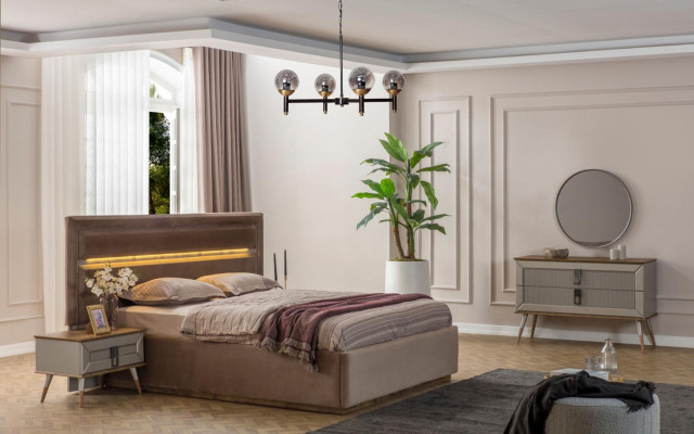 Beige Bedroom Luxury Furniture Designer Double bed 2x Bedside tables 5pcs