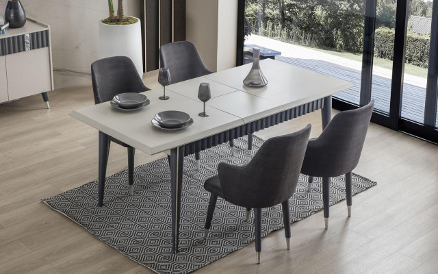 Designer Rectangular White Dining table 6x Gray Upholstery Chairs 7pcs. set