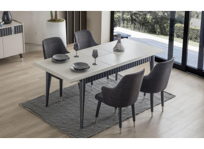 Designer Rectangular White Dining table 6x Gray Upholstery Chairs 7pcs. set