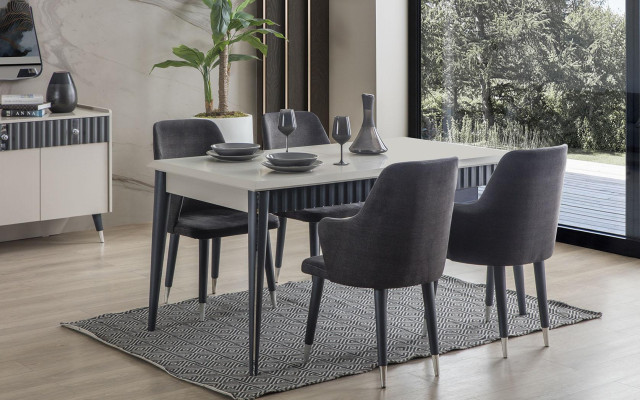 Designer Rectangular White Dining table 6x Gray Upholstery Chairs 7pcs. set
