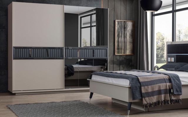 Modern Beige Bedroom Wardrobe Mirror Cabinet Wood Furniture