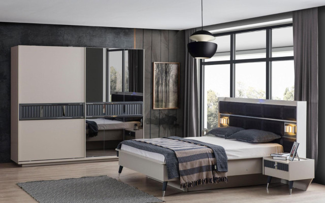 Modern Beige Bedroom Wardrobe Mirror Cabinet Wood Furniture