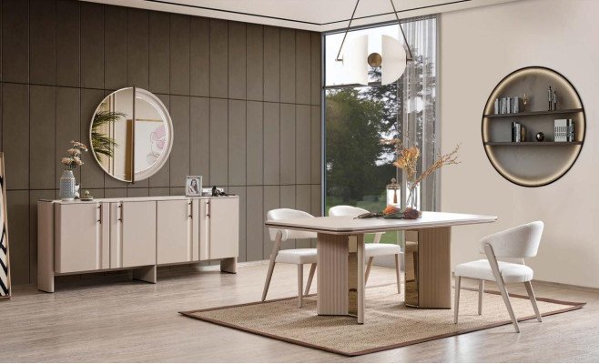 Complete e Beige Dining room Suite Dining table Chairs Sideboard Mirror