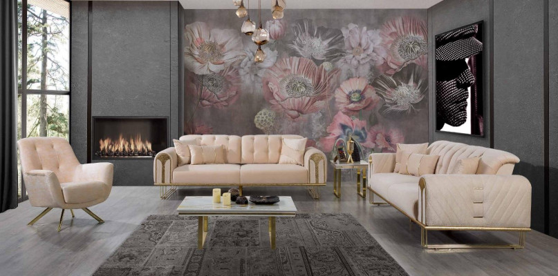 Modern beige living room sofa set x2 3-seater upholstered armchairs 3 pieces