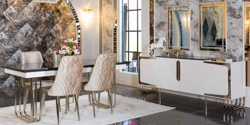 Stylish Dining room Furniture stainless steel Suite Dining table Chest of drawers Mirror