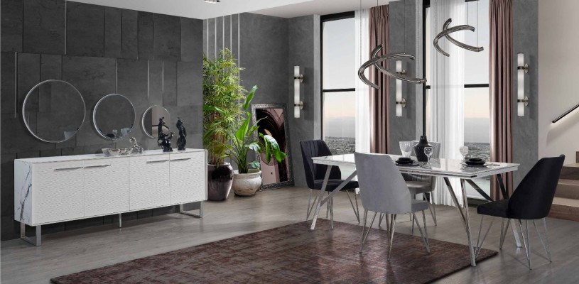 Gray and White Dining room Furniture Chest of drawers Dining table Luxurious upholstered chairs