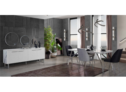 Gray and White Dining room Furniture Chest of drawers Dining table Luxurious upholstered chairs