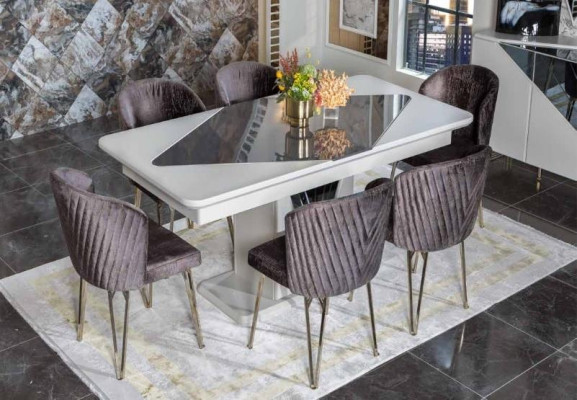 Designer White Dining table x6 Dark Purple Textile Chairs Dining room Suite