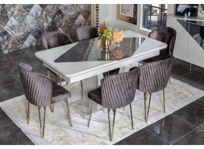Designer White Dining table x6 Dark Purple Textile Chairs Dining room Suite