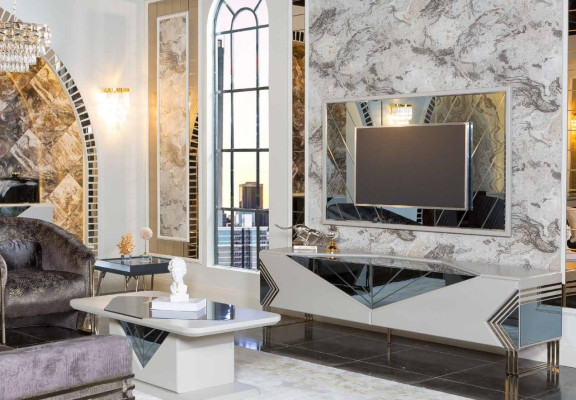 Modern White Wall unit Suite Designer TV Sideboard Luxury TV Frame
