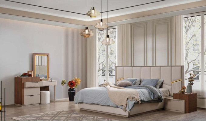Beige Bedroom Suite Luxurious upholstered beds Bedside tables Wardrobe
