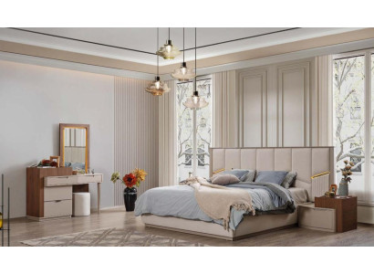 Beige Bedroom Suite Luxurious upholstered beds Bedside tables Wardrobe