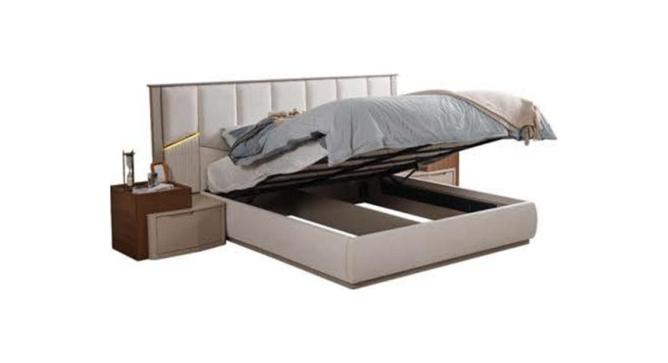 Beige Bedroom Suite Luxurious upholstered beds Bedside tables Wardrobe