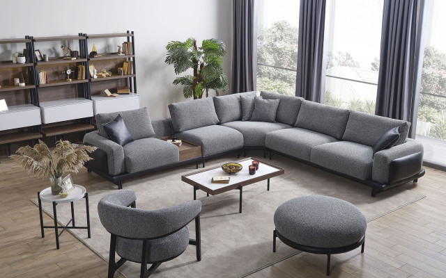 Gray Living room Suite Luxury Corner sofa L-shape Couch Coffee table Stool