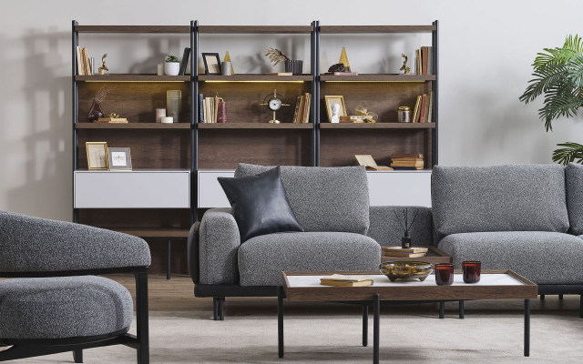 Gray Living room Suite Luxury Corner sofa L-shape Couch Coffee table Stool