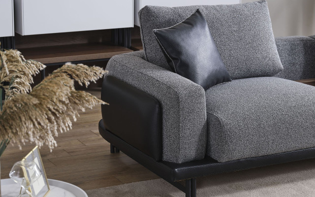Gray Living room Suite Luxury Corner sofa L-shape Couch Coffee table Stool