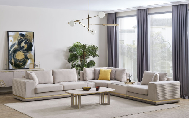 Living room Light Beige Corner sofa L-shape Couch Modern Textile Sofa Furniture