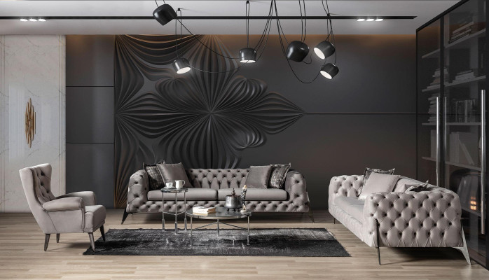 Light gray Living room Chesterfield Sofa set 4+3 Armchair Luxury Armchair