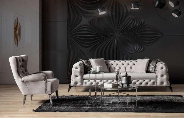 Light gray Living room Chesterfield Sofa set 4+3 Armchair Luxury Armchair