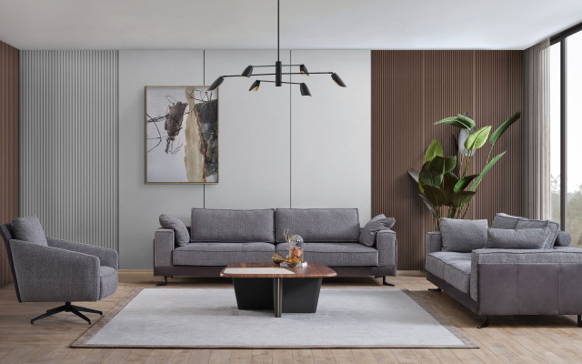 Gray living room upholstered four-seater three-seater textile armchair