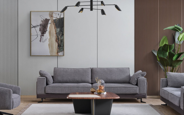 Gray living room upholstered four-seater three-seater textile armchair