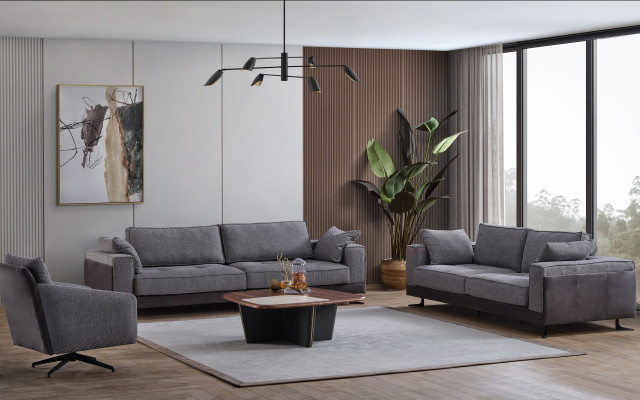 Gray living room upholstered four-seater three-seater textile armchair