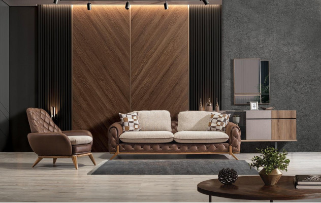 Stylish Brown Leather Living room Suite Designer 3-Seater Armchair 2pcs