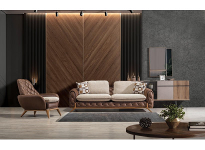 Stylish Brown Leather Living room Suite Designer 3-Seater Armchair 2pcs