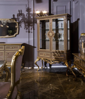 Golden Display Case Baroque Rococo Furniture Wardrobe Glass Cabinet Shelves Showcases