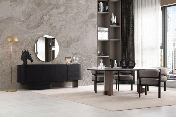 Designer Dining room Suite Dining table 6x Chairs Sideboard Mirror 9pcs