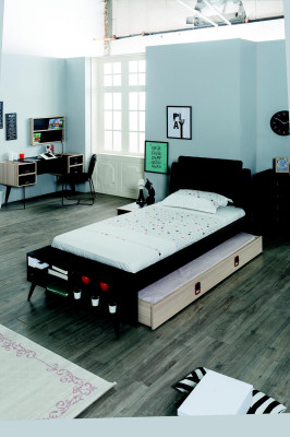 Modern youth room set Bed Bedside table Wardrobe Wall shelf Black 6 pieces.