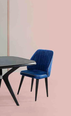 Blue upholstered chair with black wooden legs for dining room light model