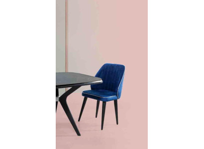 Blue upholstered chair with black wooden legs for dining room light model