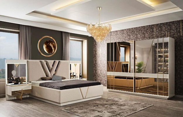 Bedroom 4 pcs. Set Upholstery Bed 2x Bedside tables Wardrobe Luxury