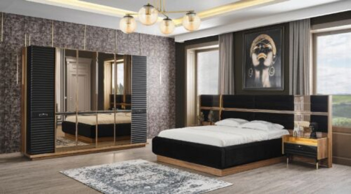 Bedroom Set Bed 2x Bedside tables Wardrobe 4pcs. Wood Wardrobe