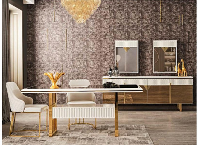Modern Dining room Set White 2x Chairs Luxury Dining table Elegant stainless steel 3pcs.