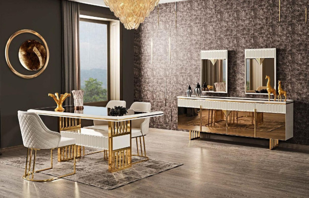 Modern Dining room Set White 2x Chairs Luxury Dining table Elegant stainless steel 3pcs.
