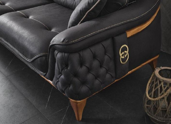Sofa 3 Seater Upholstered Sofa Black Leather Seat Design Couch Modern