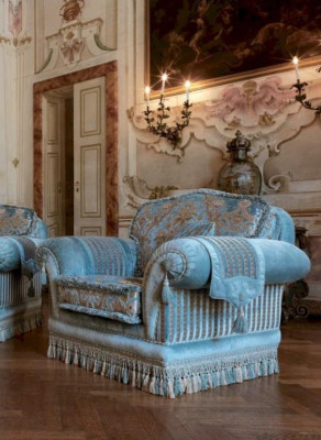 Armchair Seater Fabric Wing Chair Luxury Seat Wood Living room Furniture Blue