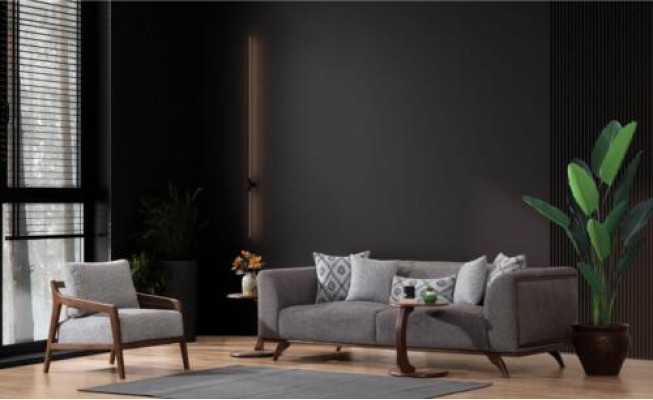 Gray Living room Set Sofa set 3+1 Seater 2x Wood Side tables