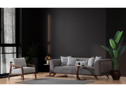 Gray Living room Set Sofa set 3+1 Seater 2x Wood Side tables