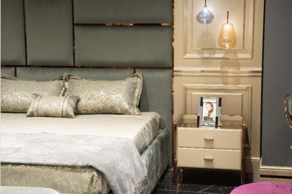 Luxury Suite Bedroom Double bed Bed Bedside tables Set 6pcs Beige