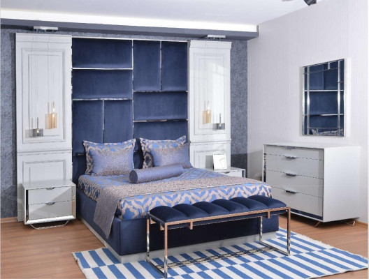 Design Group Bedroom Double bed Bed Bedside tables Set 7pcs Blue